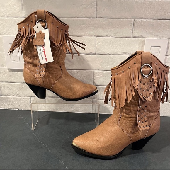 NWT Santa Fe Boot sz 8 tan leather fringed bling cowgirl boots - Picture 1 of 16